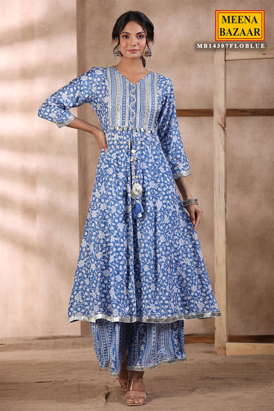 Blue Muslin Floral Gota Patti Embroidered Suit