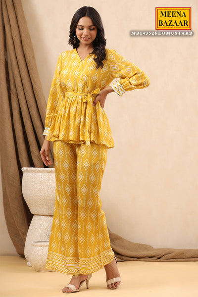 Mustard Cotton Printed Lace Embroidered Co-ord Set
