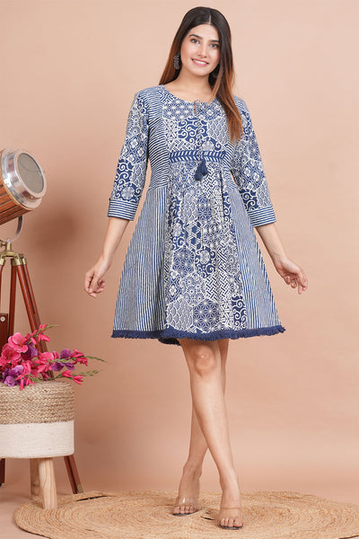Blue Cotton Printed Dress