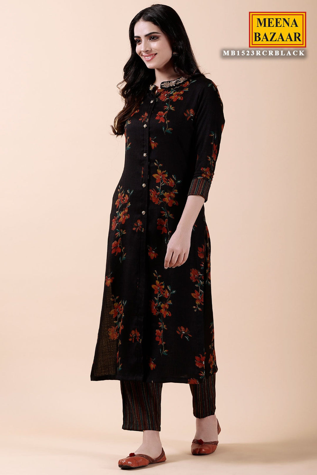 Black Rayon Printed Kurti Pant Set Meena Bazaar