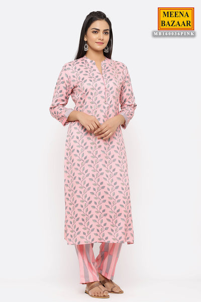 Pink Cotton Printed Kurti with Neck Embroidery