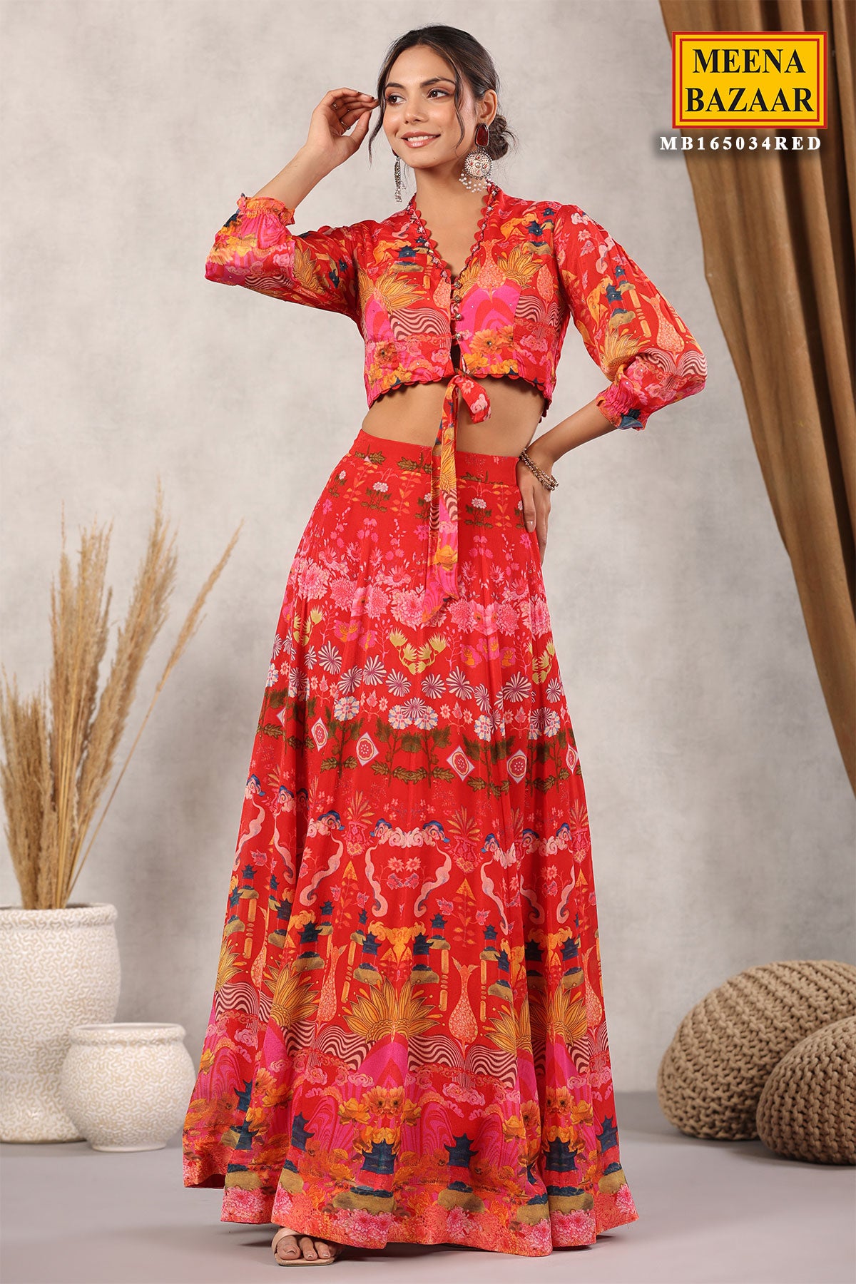 Red Crepe Blouse and Skirt Set