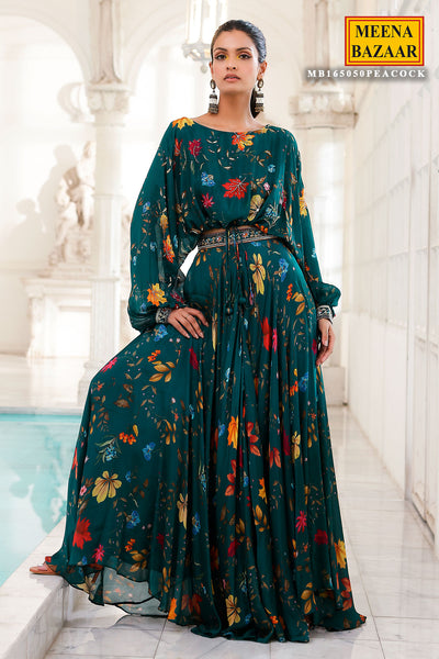 Peacock Crepe Floral Printed Skirt Top Co-Ord Set with Embellishments