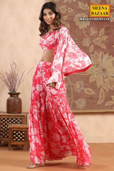 Pink Crepe Floral Printed Sequins Embroidered Co-ord Set