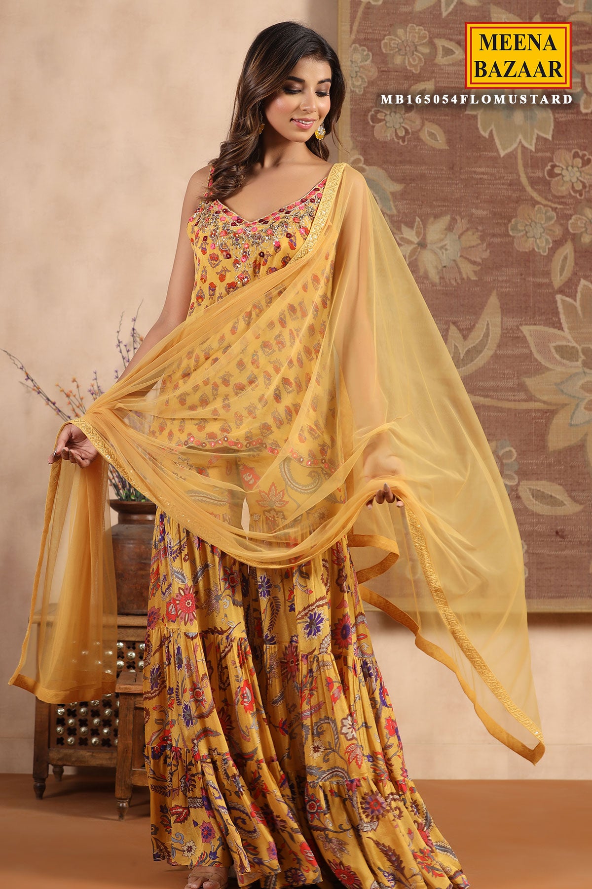 Mustard Crepe Floral Printed Sequins and Mirror Work Embroidered Suit Set