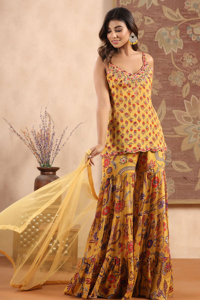 Mustard Crepe Floral Printed Sequins and Mirror Work Embroidered Suit Set