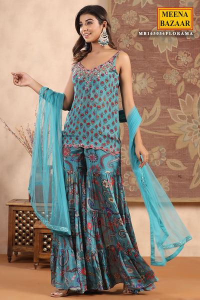 Teal Blue Crepe Floral Printed Sequins and Mirror Work Embroidered Suit Set