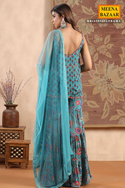 Teal Blue Crepe Floral Printed Sequins and Mirror Work Embroidered Suit Set