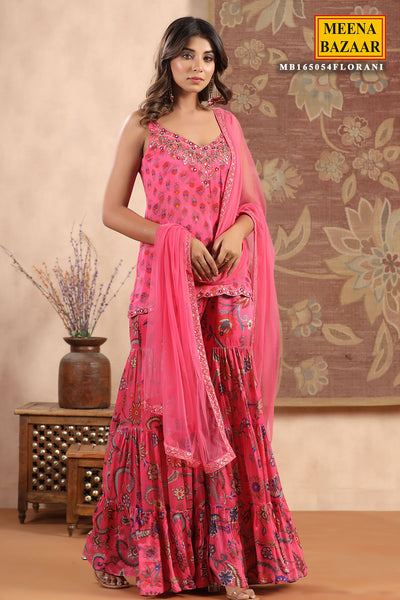 Pink Crepe Floral Printed Sequins and Mirror Work Embroidered Suit Set