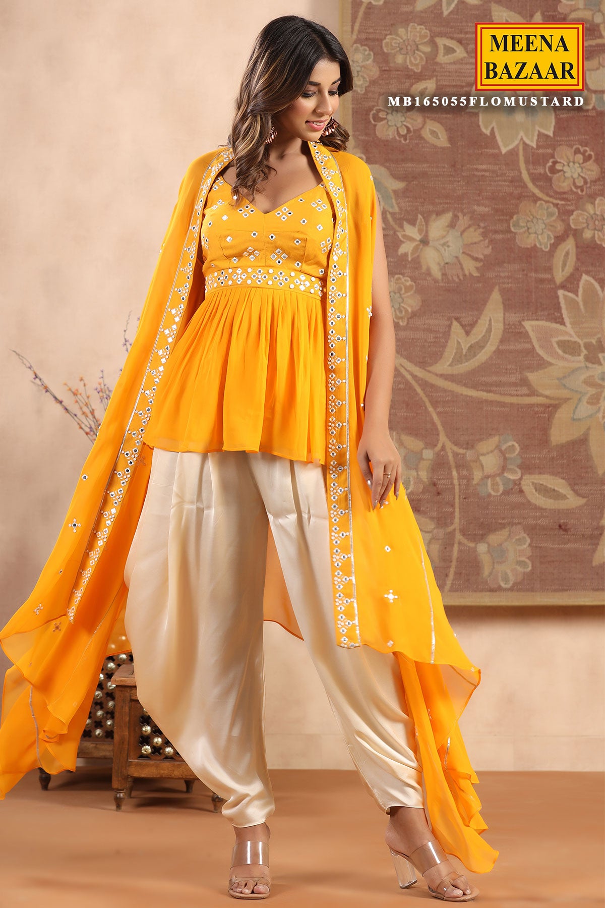 Mustard Georgette Mirror Work Embroidered Short Kurti Dhoti and Cape Set