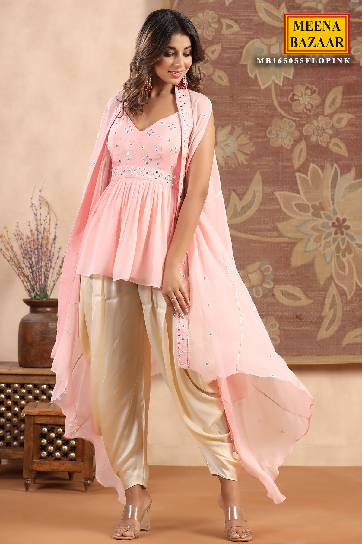 Pink Georgette Mirror Work Embroidered Short Kurti Dhoti and Cape Set