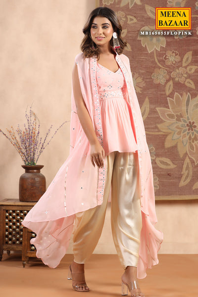 Pink Georgette Mirror Work Embroidered Short Kurti Dhoti and Cape Set