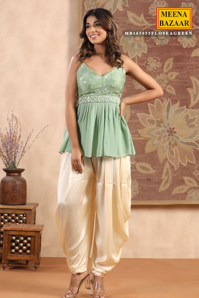 Sea Green Georgette Mirror Work Embroidered Short Kurti Dhoti and Cape Set