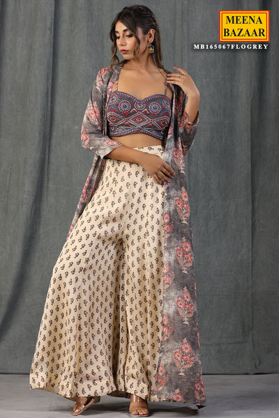 Grey Printed Georgette Co-Ord Set with Embroidered Bustier
