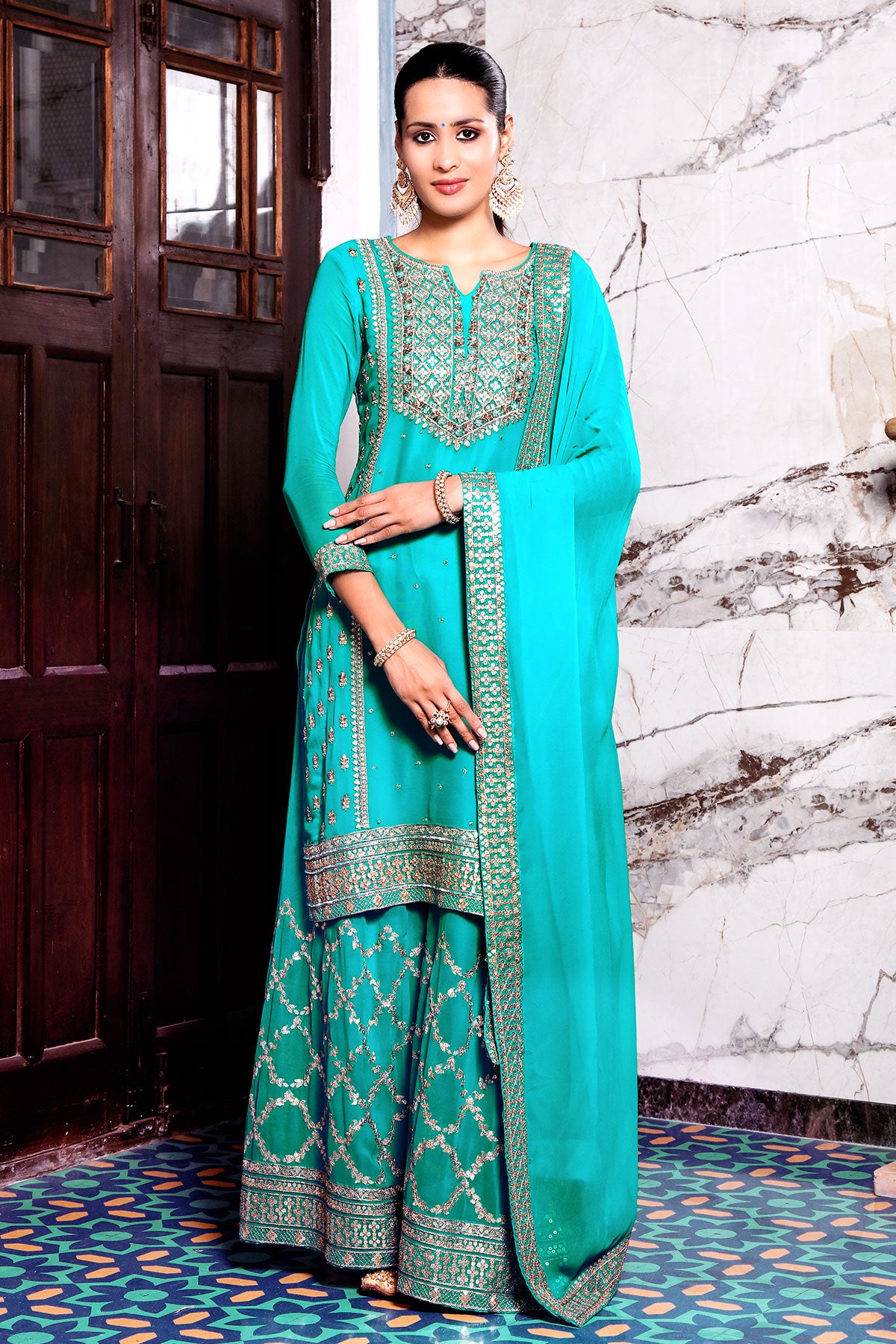 Firozi Georgette Sequins Embroidered Suit
