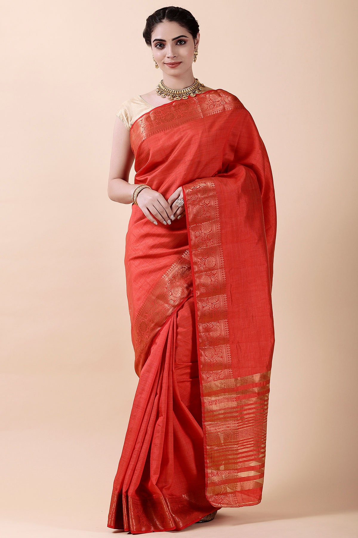 Red Chanderi Silk Woven Saree