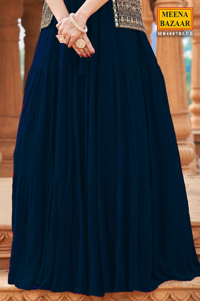 Blue Georgette Zari Woven Floor-Length Gown