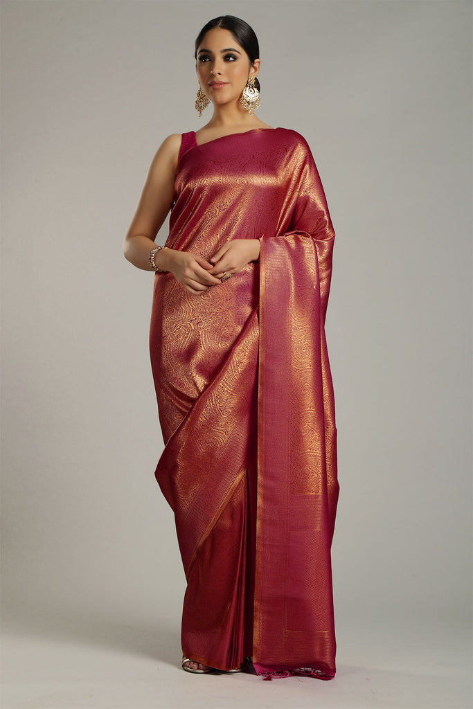 Magenta Dupion Banarasi Silk Saree With Copper Zari – StylebyPanaaash