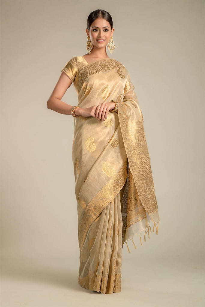 Buy Ivory-White Silk Saree with Gold Zari Weave Online