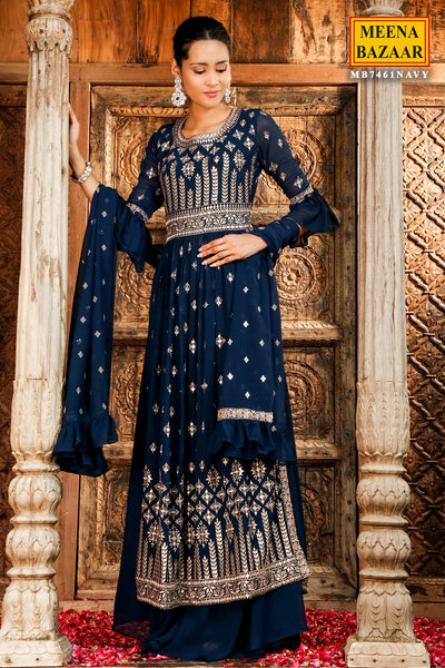 Navy Embroidered Georgette Suit