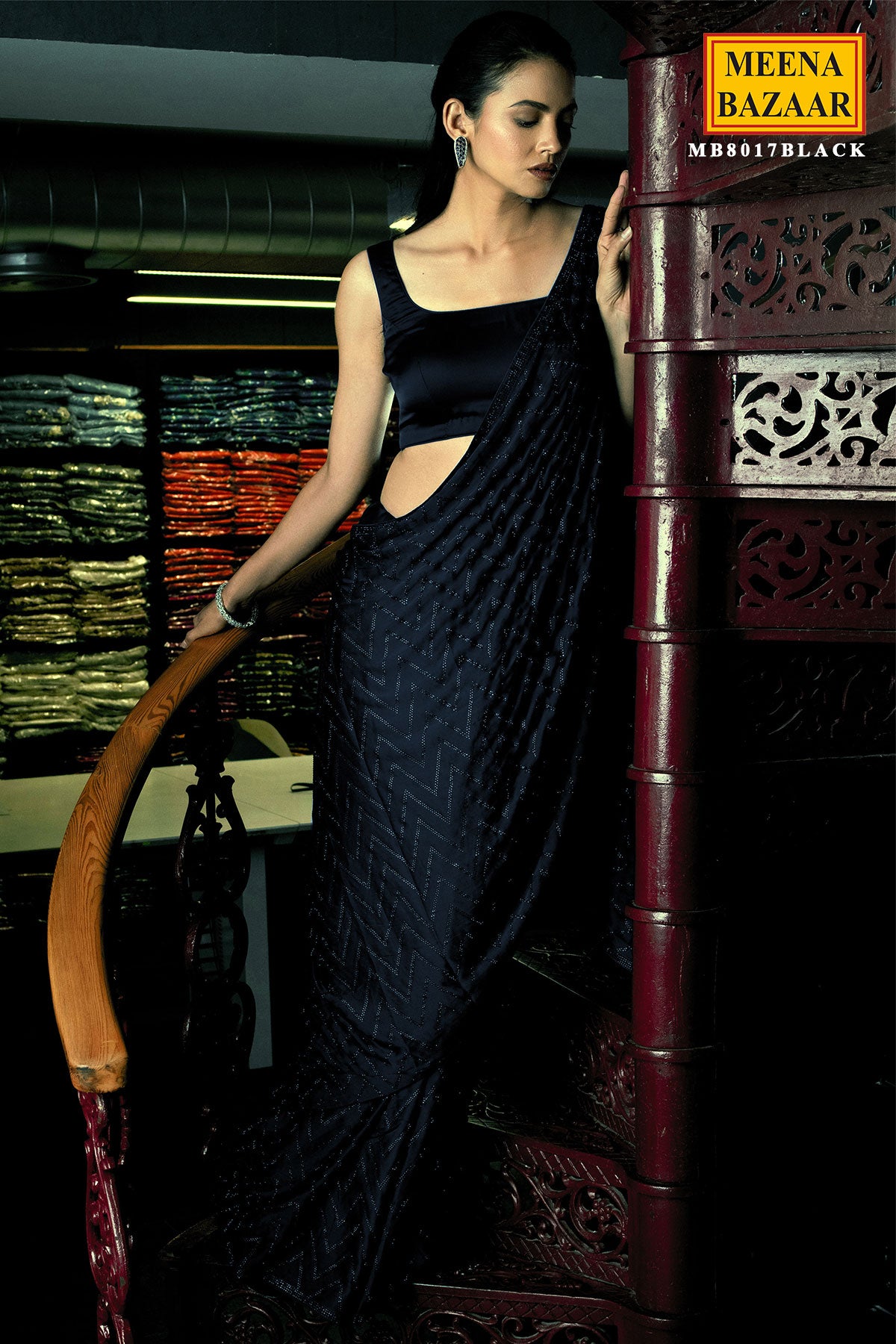 Black Swarovski Studded Satin Saree