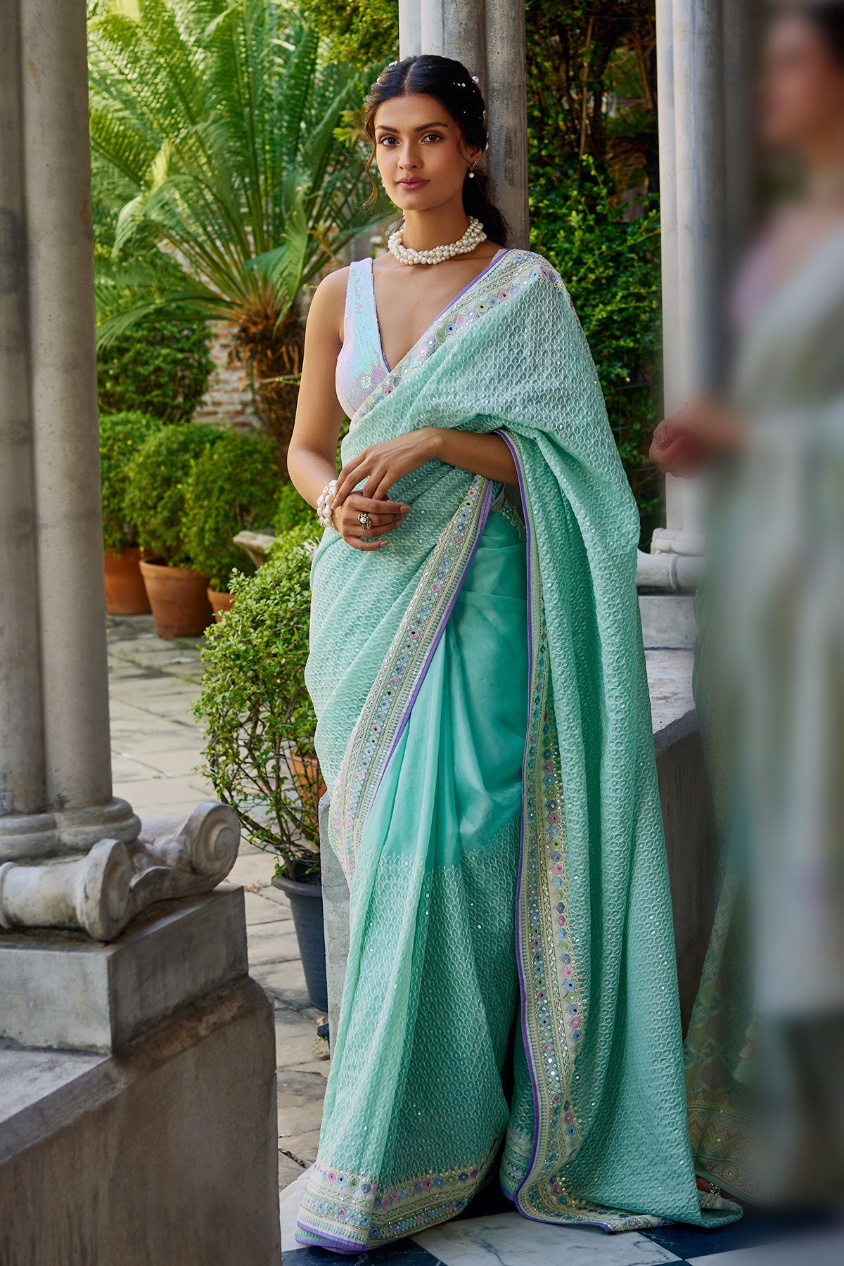 Firozi Green Georgette Resham and Sequins Embroidered Saree