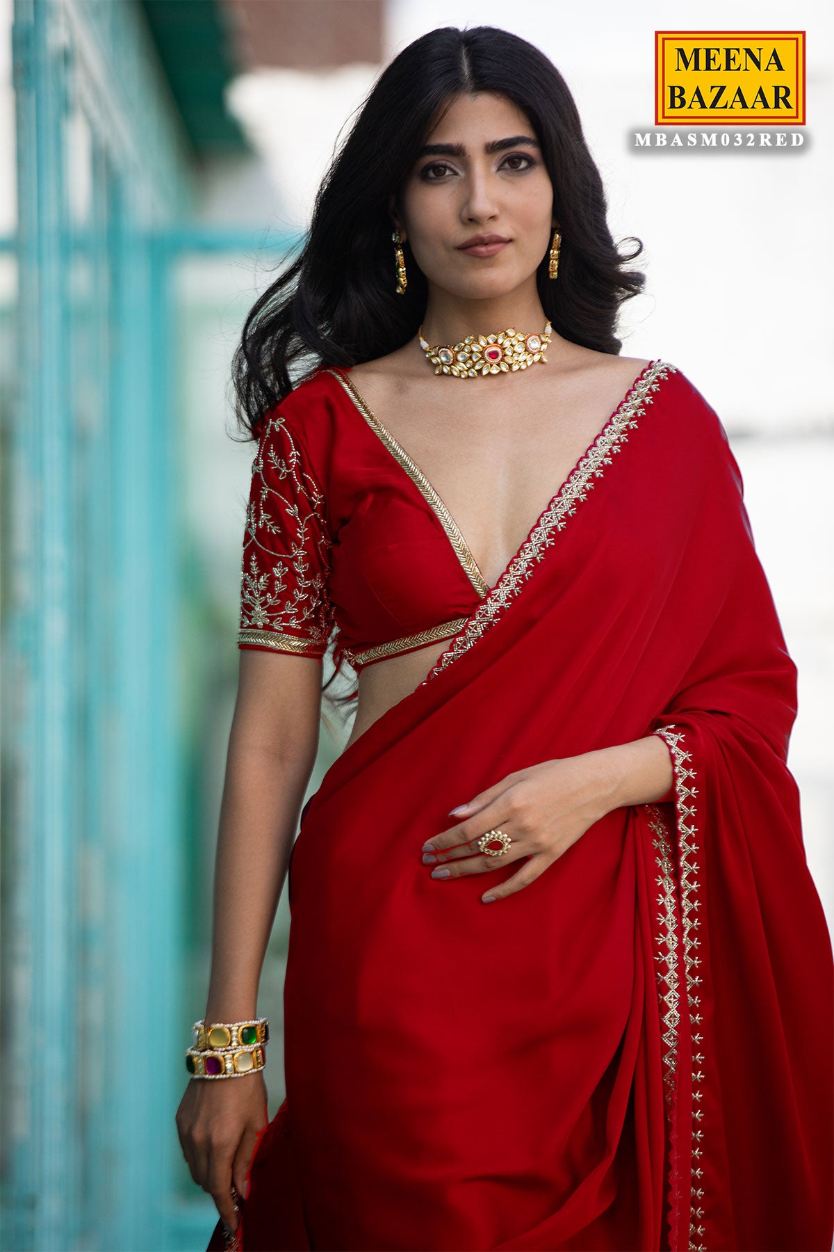 Red Satin Embroidered Saree