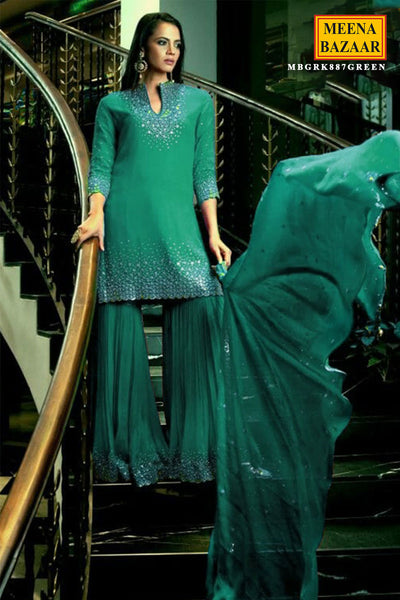 Green Georgette Aari Embroidered Sharara Suit