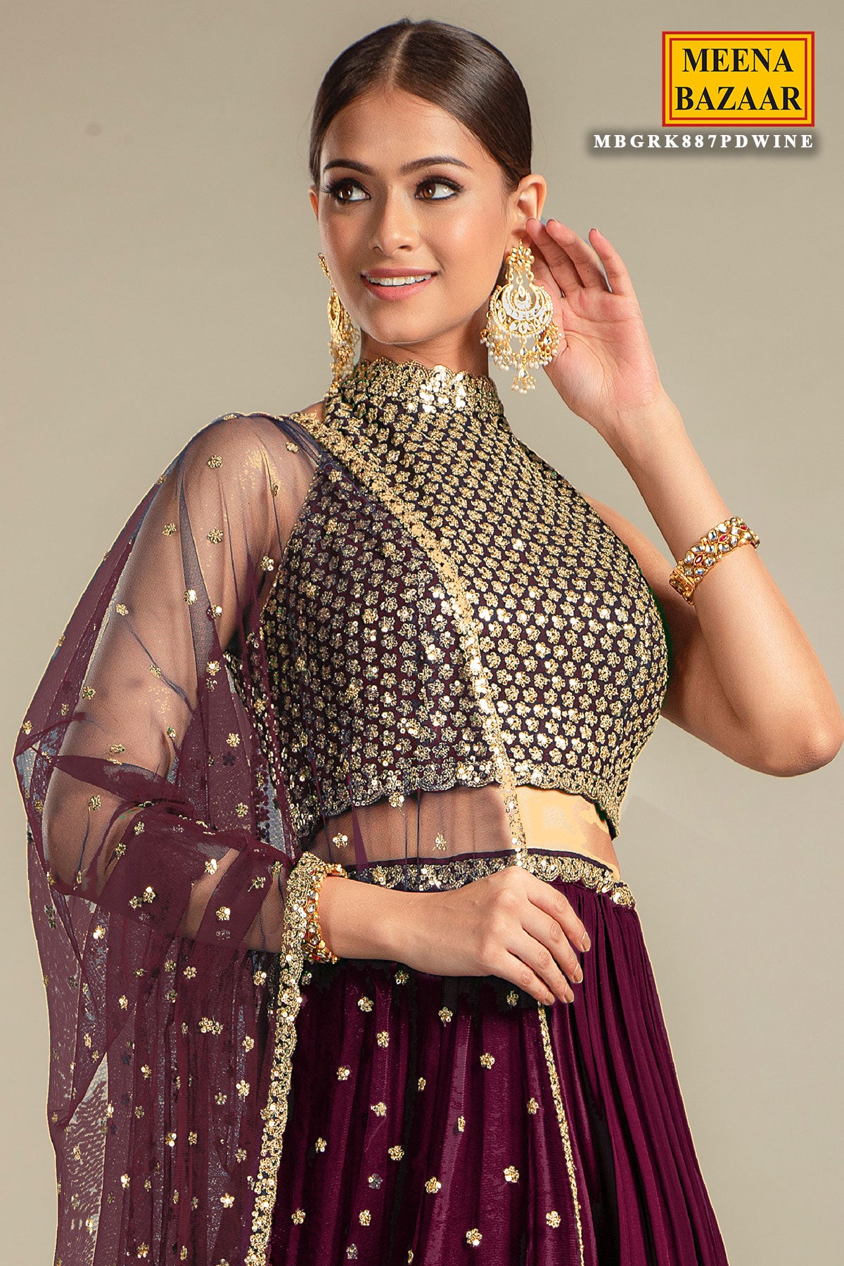 Wine floral printed lehenga with a hand embroidered strappy gold blous –  KRUPA KAPADIA