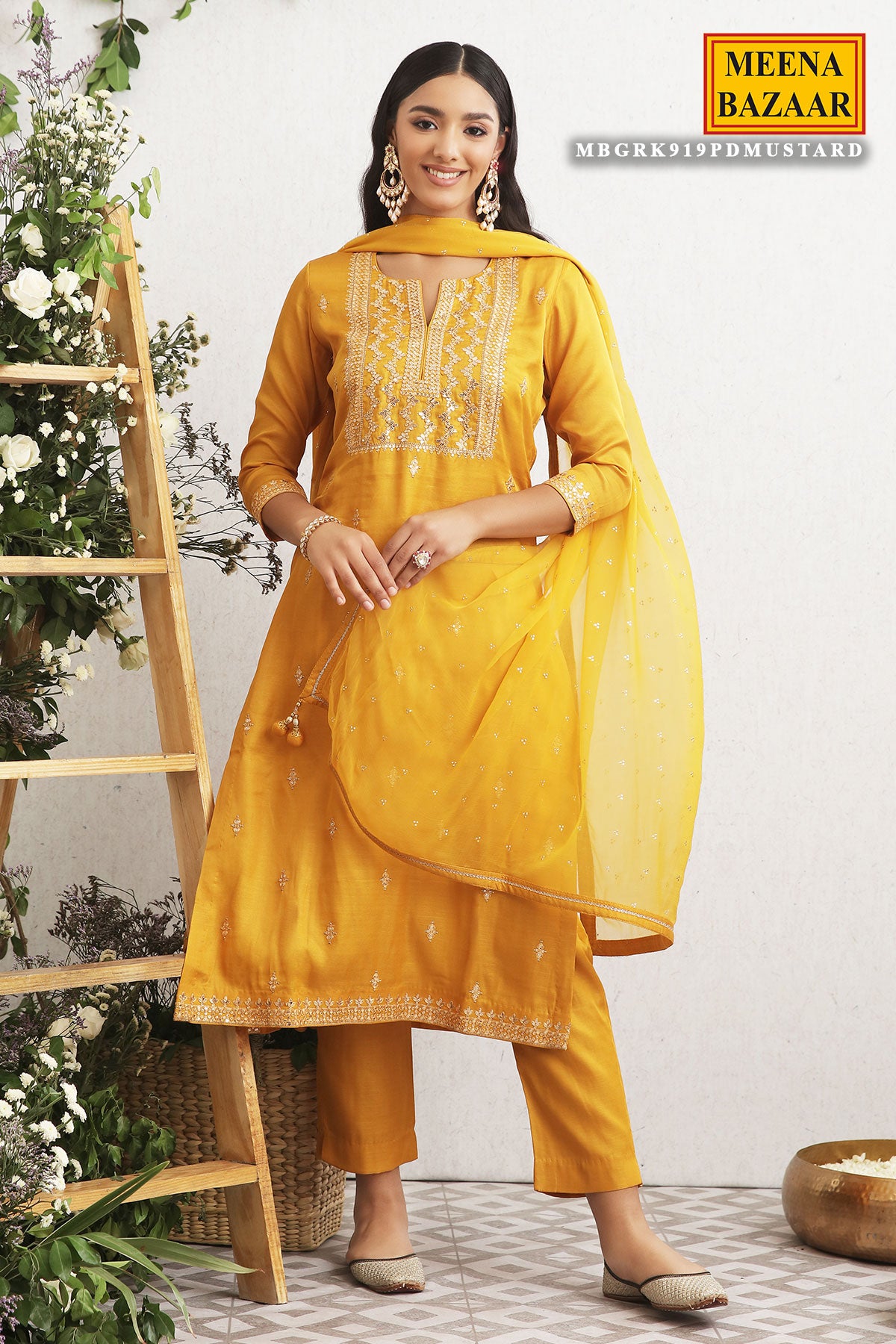 Mustard Embroidered Silk Suit Set – Meena Bazaar