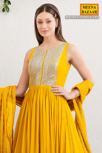 Mustard Embroidered Georgette Anarkali Floor-Length Gown and Dupatta Set