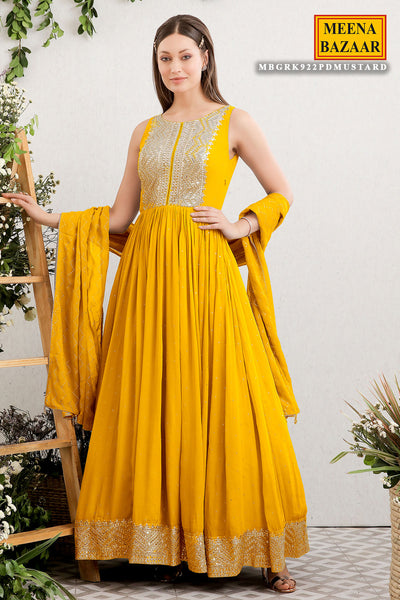 Mustard Embroidered Georgette Anarkali Floor-Length Gown and Dupatta Set