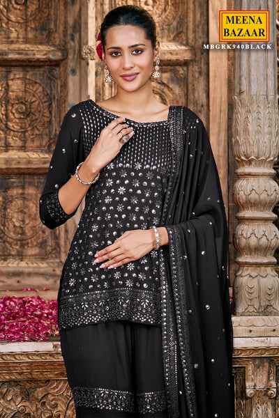 Black Georgette Embroidered Sharara Suit
