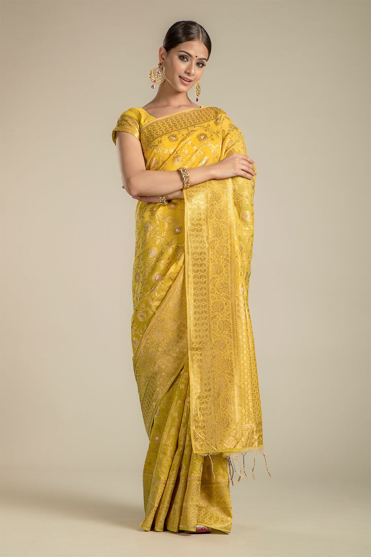 Mustard Chanderi Silk Woven Saree