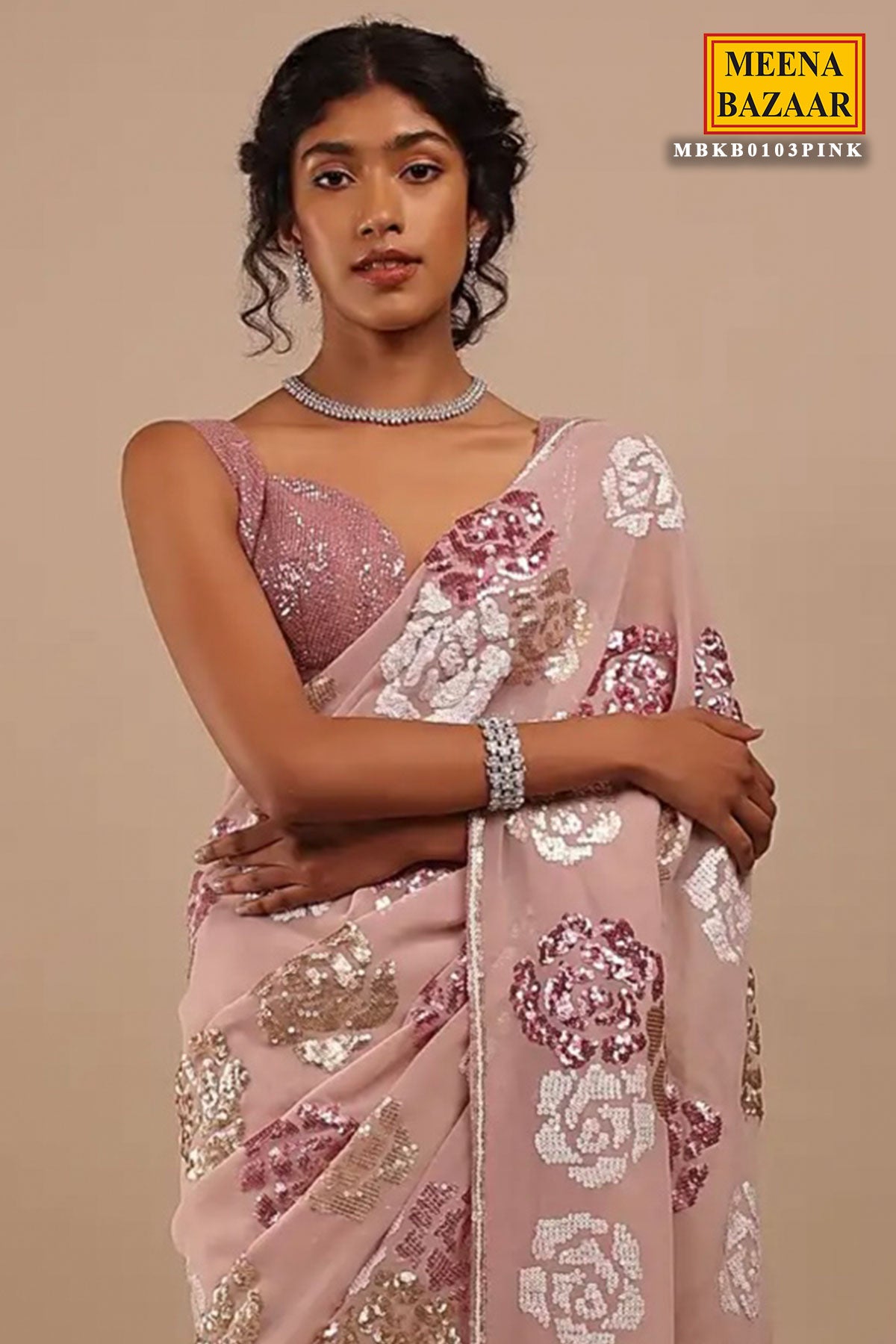 Pink Georgette Sequins Jal Embroidered Saree