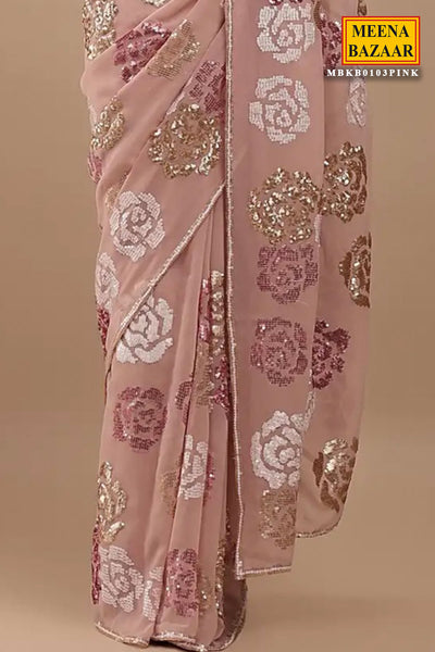 Pink Georgette Sequins Jal Embroidered Saree