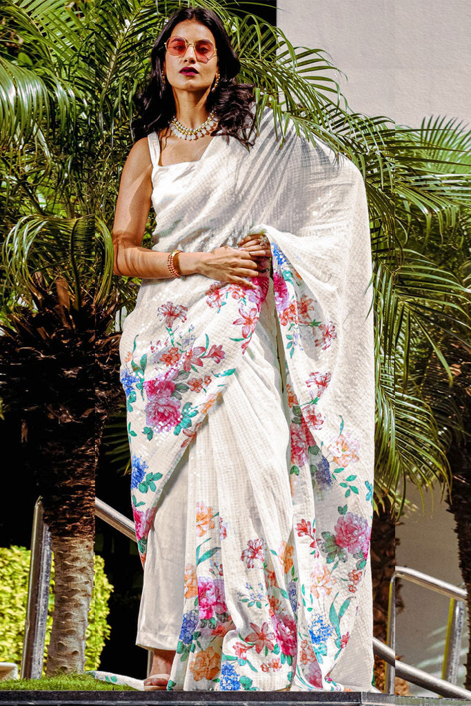 Sarees Meena Bazaar | Floral Printed Georgette Saree Sea Green ~  Seeyouclothes