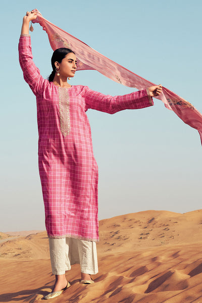 Pink Checkered Cotton Embroidered Suit Set