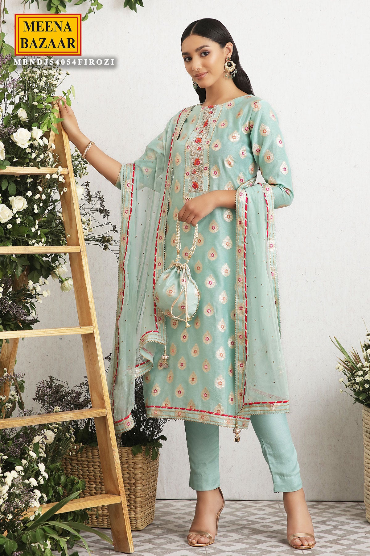 Firozi Chanderi Embroidered Suit Set