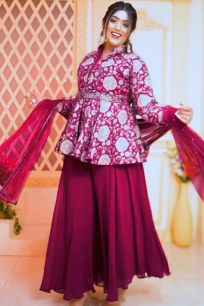 Wine Crepe Sequins Embroidered Sharara Set with Embroidered Belt
