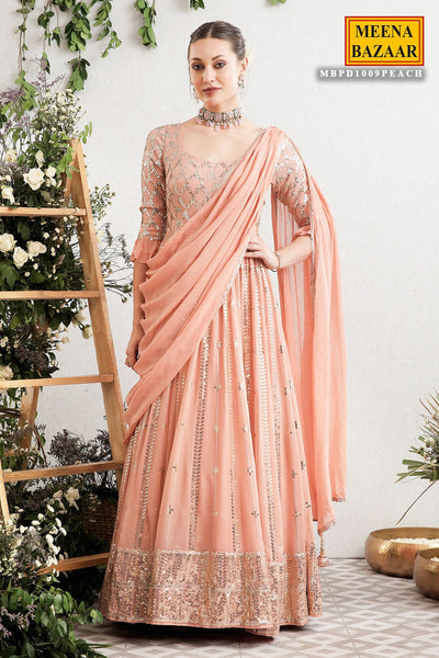 Peach Georgette Sequins Embroidered Anarkali Gown