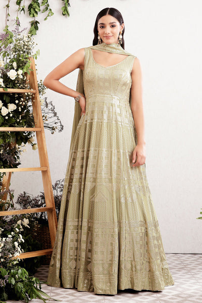 Pista Georgette Sequins Embroidered Floor Length Gown with Dupatta
