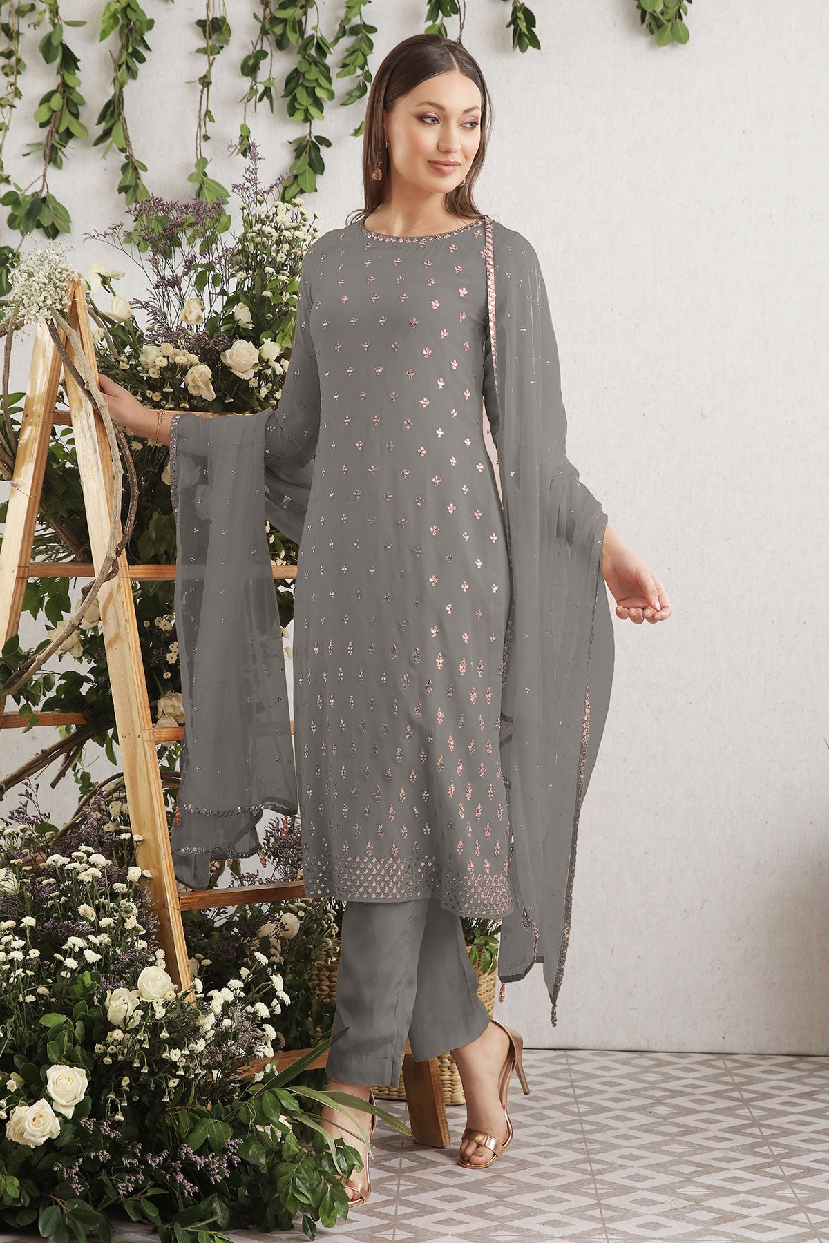 Grey Embroidered Georgette Suit Set