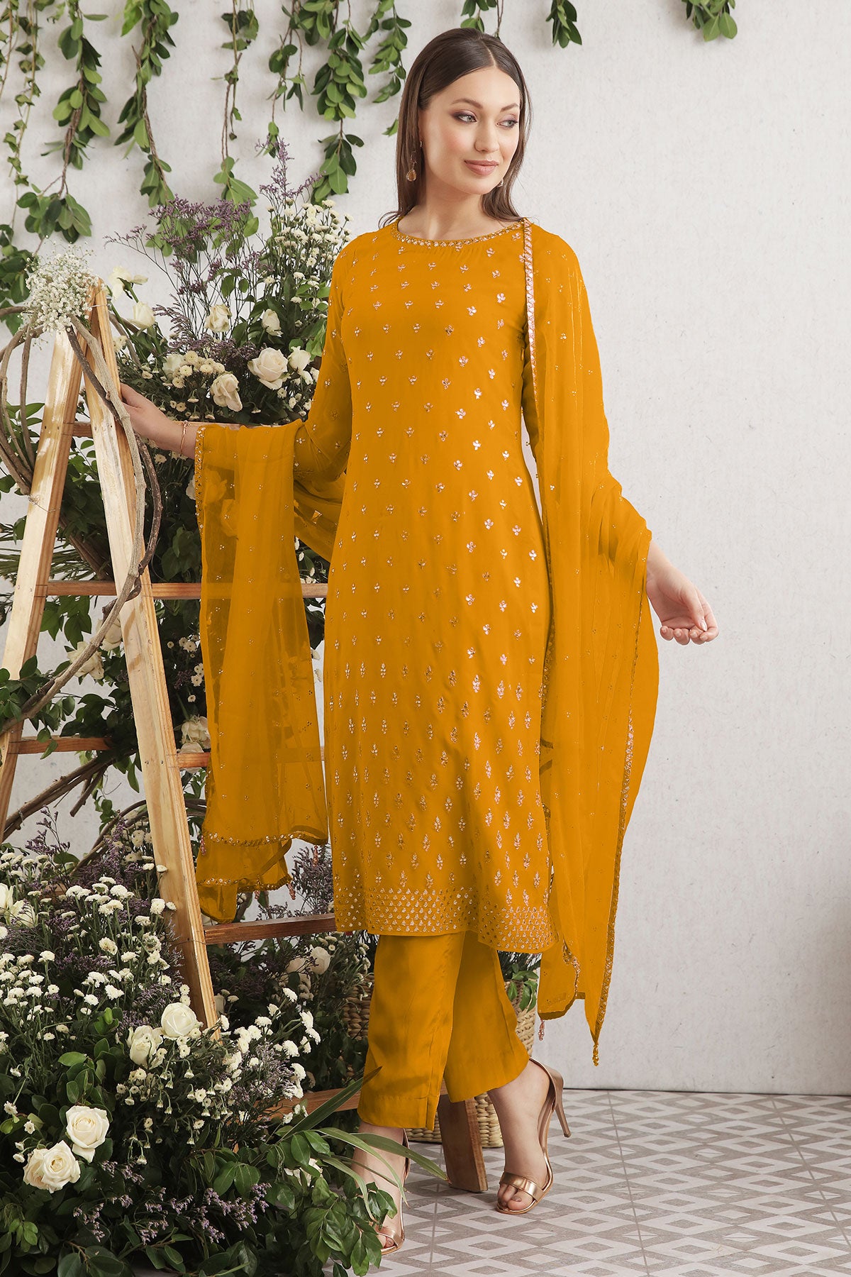 Mustard Embroidered Georgette Suit Set
