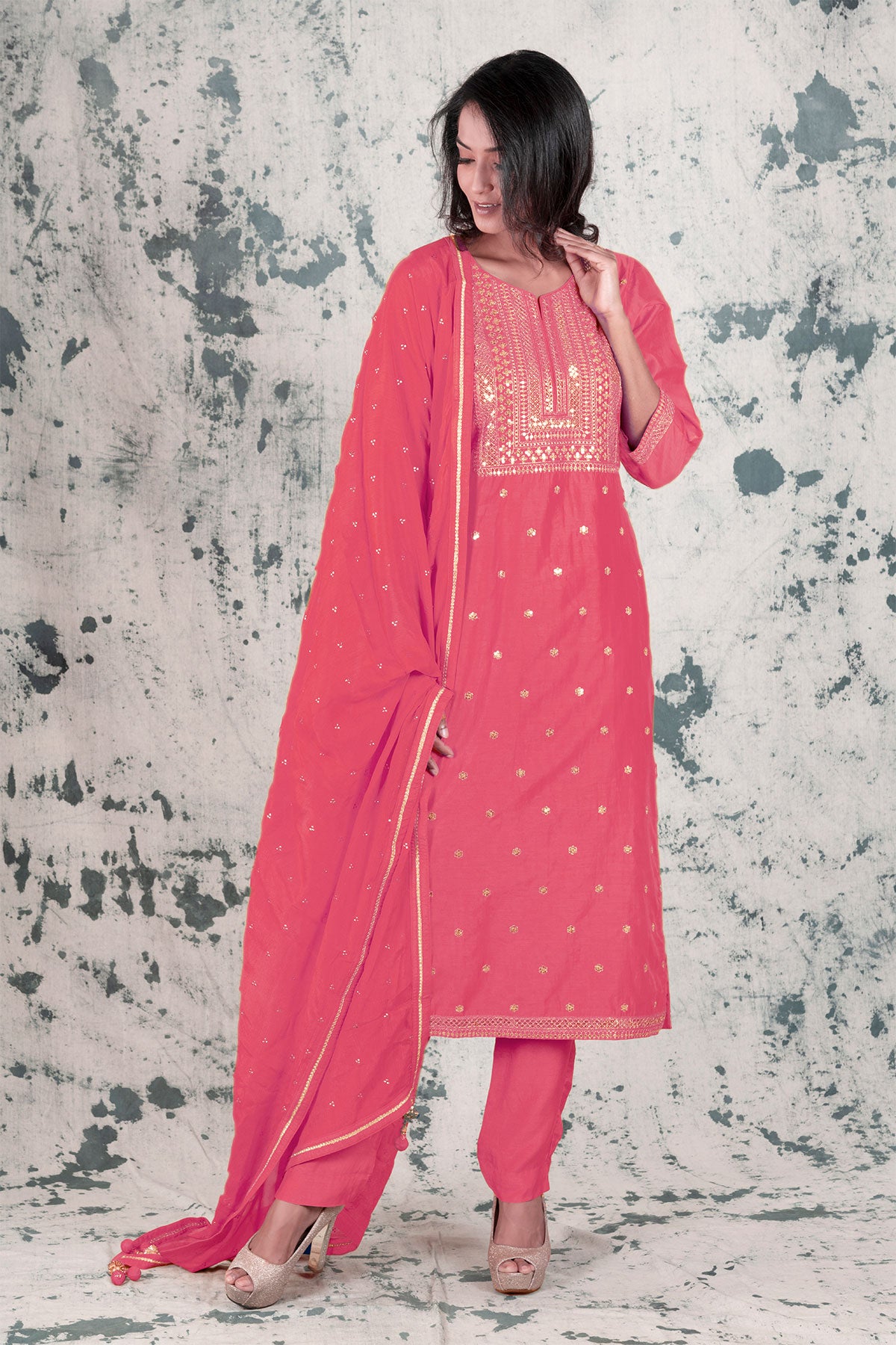 Gajari Chanderi Zari and Sequins Embroidered Suit with Chinon Dupatta