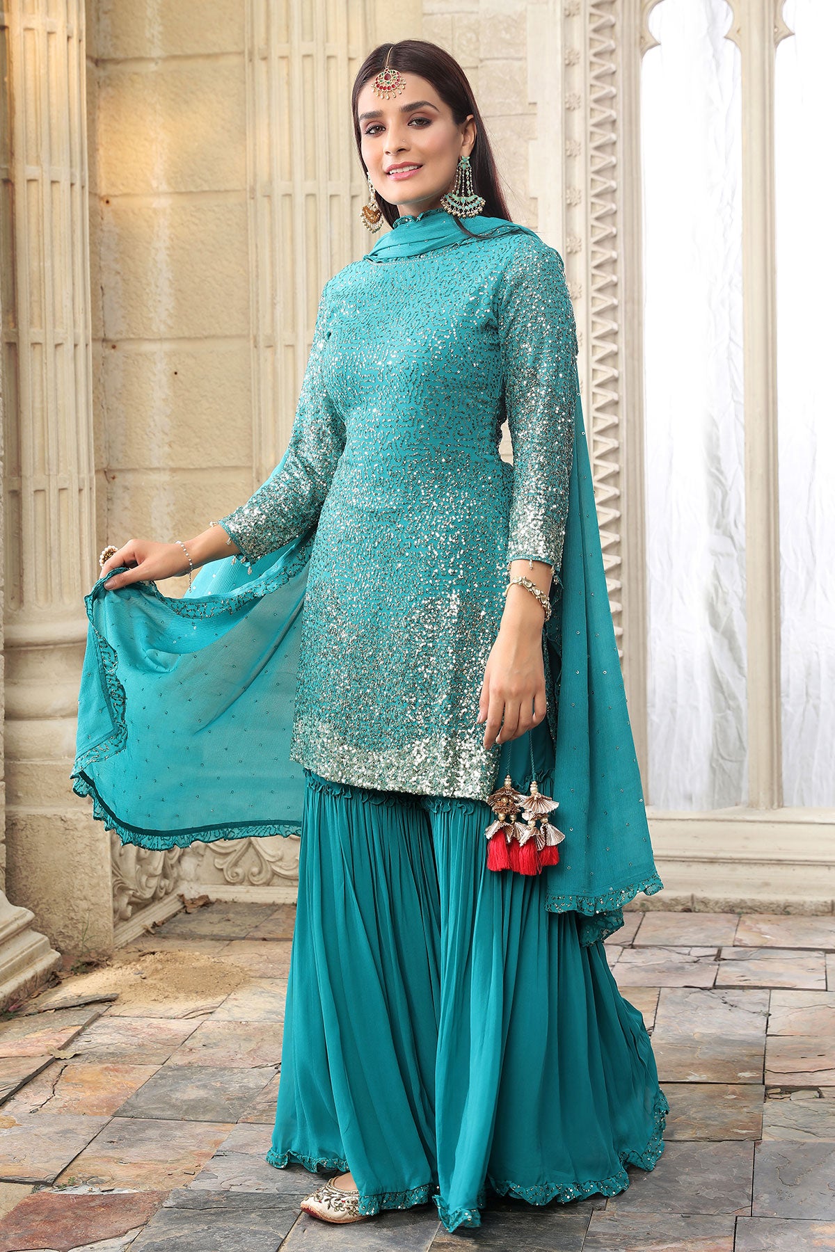 Firozi Georgette Sequins Embroidered Gharara Suit Set