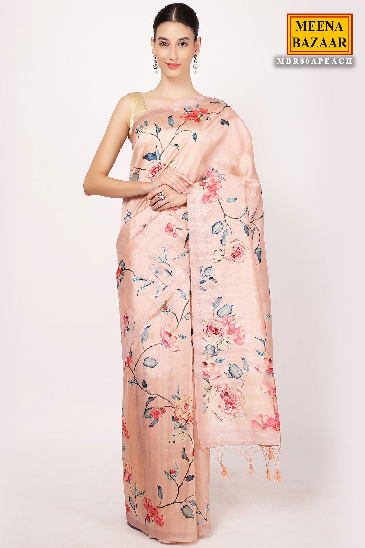Peach Chanderi Silk Printed Saree