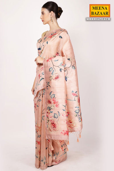 Peach Chanderi Silk Printed Saree