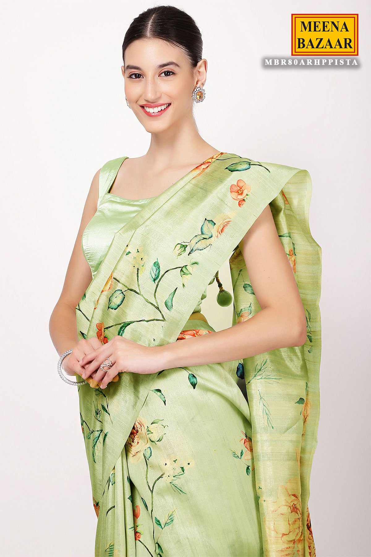 Pista Chanderi Silk Printed Saree