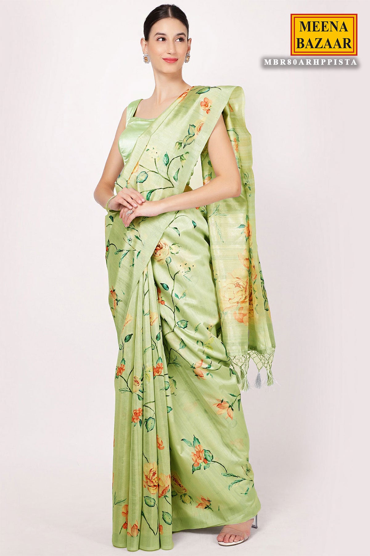 Pista Chanderi Silk Printed Saree